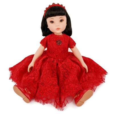 Große Puppe mit Kristall Haarreif Brosceh Spitze Kleid Rot