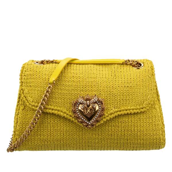 Knitted cotton, crochet Crossbody Bag / Shoulder Bag DEVOTION Large with jeweled heart buckle with DG Logo and structured metal chain strap by DOLCE & GABBANA