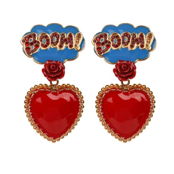 Fumetti Cartoons BOOM Clip Earrings adorned with crystals, rose and heart in red, gold and blue by DOLCE & GABBANA