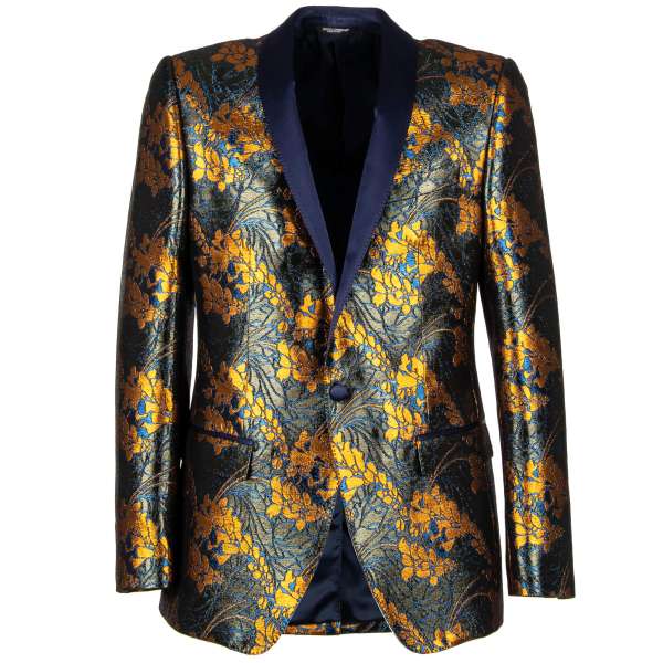 Glänzender Tuxedo Blazer MARTINI mit floralem Muster und blauem Kontrast Schal-Revers aus Seide von DOLCE & GABBANA
