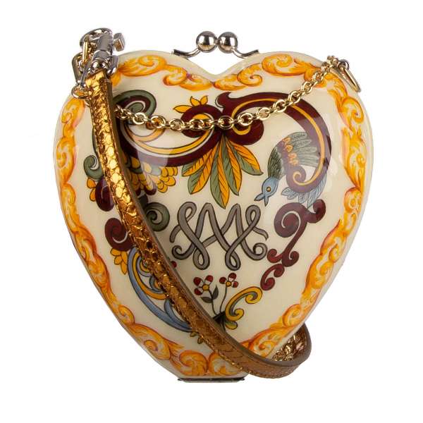 Rare handbemalte Herz Clutch Tasche DOLCE BAG aus Metall imit Vogel und Blumen, Kettenriemen und Riemen aus Schlangenleder von DOLCE & GABBANA