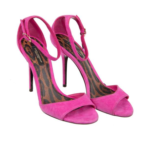 Pointed suede leather Heels Sandals BELLUCCI with leopard sole and straps in pink by DOLCE & GABBANA