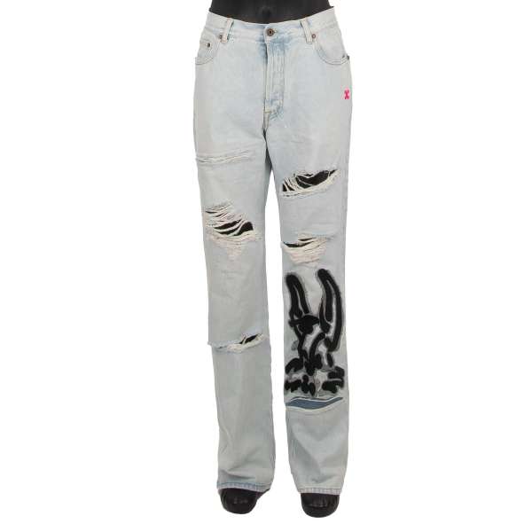 Seltene Destroyed 5-Pockets Low Fit Bleached Jeans aus der limitierten OFF-WHITE x ED BRAVADO Kollektion mit Stickerei von OFF-WHITE c/o Virgil Abloh