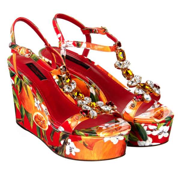 Orange and flowers Print Patent Leather Plateau Sandals / Wedges embellished with crystals in red and orange by DOLCE & GABBANA Black Label