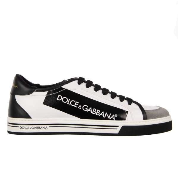 Leather and canvas Low-Top Sneaker ROMA with DG logo in black and white by DOLCE & GABBANA