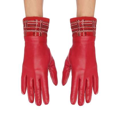 Winter Picnic Crystal Leather Cashmere Gloves Red 6.5