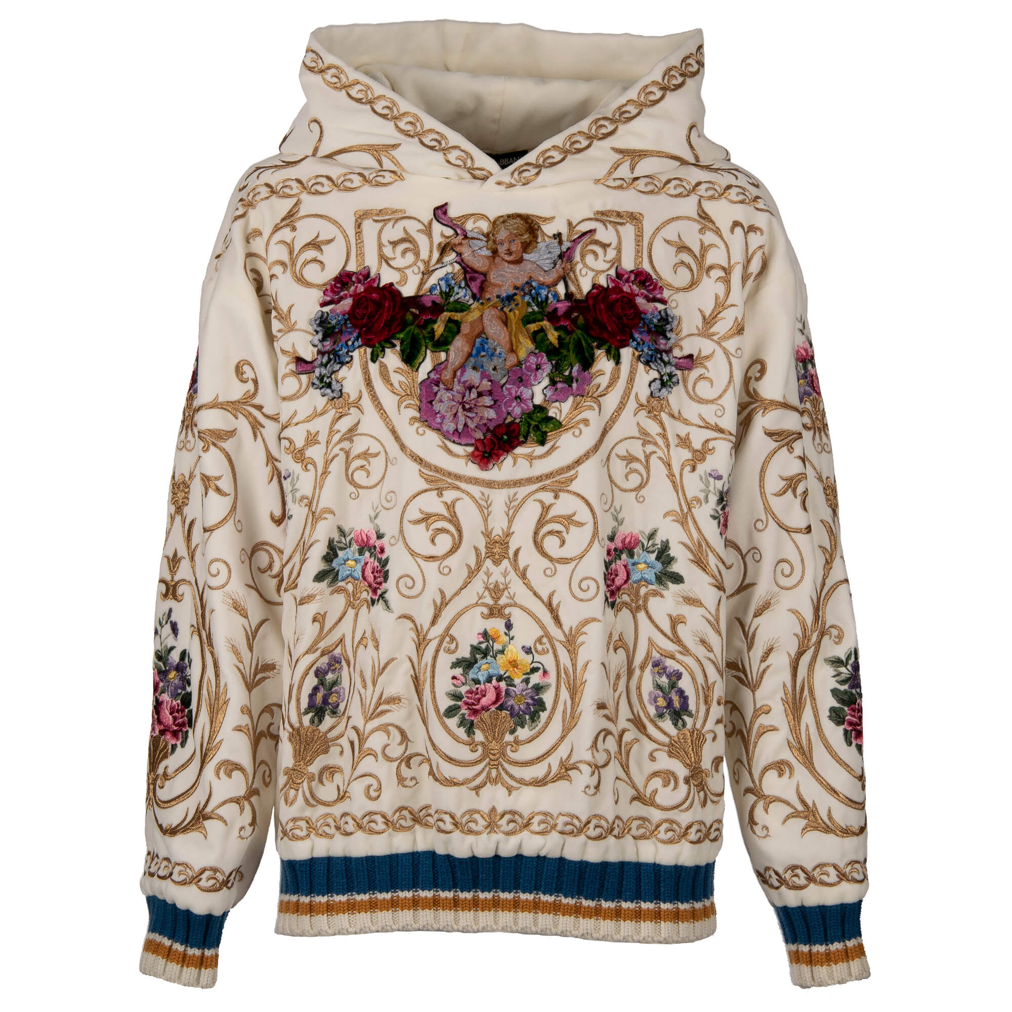 Dolce & Gabbana Velvet Hoody with Angels and Flowers Embroidery White Gold  48 M | FASHION ROOMS