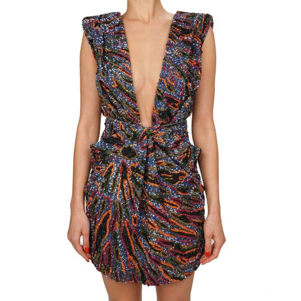 Sequin embroidered tulle mini dress in black, blue, orange and red by DSQUARED2