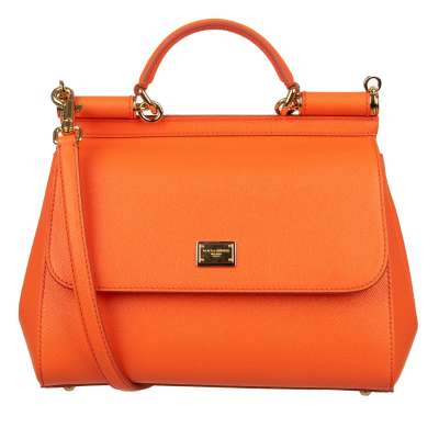 Dauphine Leather Tote Shoulder Bag SICILY Medium with Logo Plate Orange