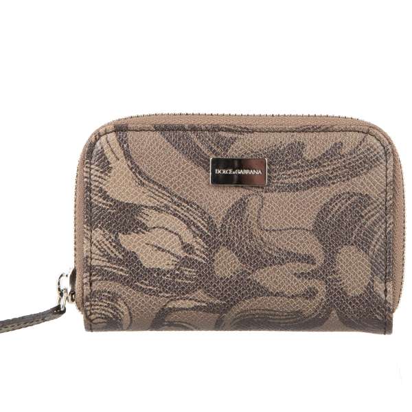 Floral printed Dauphine leather zip around wallet with DG metal logo plate in khaki-brown by DOLCE & GABBANA