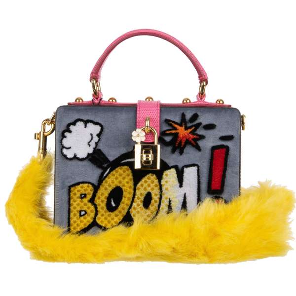 Unique leather and velvet clutch / shoulder bag DOLCE BOX BOOM with fur strap, studs, velvet applications, D&G Logo and decorative padlock by DOLCE & GABBANA