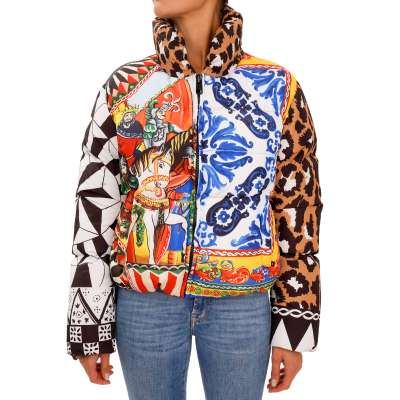 Carretto Majolica Leopard Puffer Goose Down Jacket Blue White 40 S