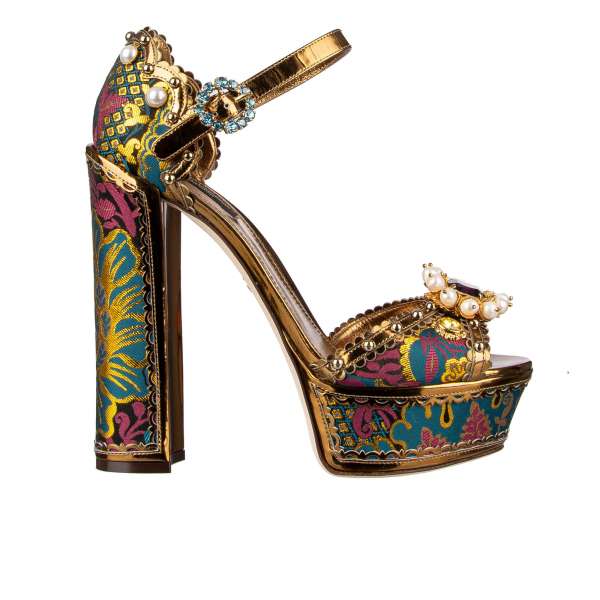 Baroque style Leather and Jacquard Platform Sandals KEIRA with pearls and crystals applications and crystals buckle by DOLCE & GABBANA