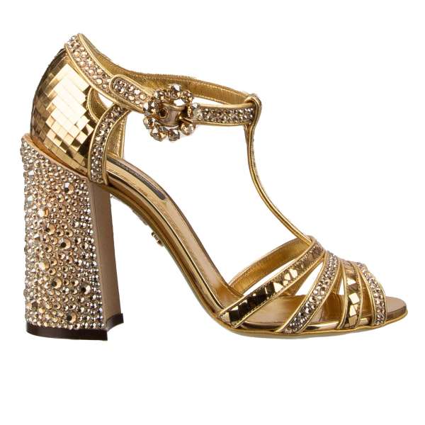 Leather and Silk High Heel Sandals KEIRA with Disco ball pattern, crystal embellished block heel and buckle in gold by DOLCE & GABBANA