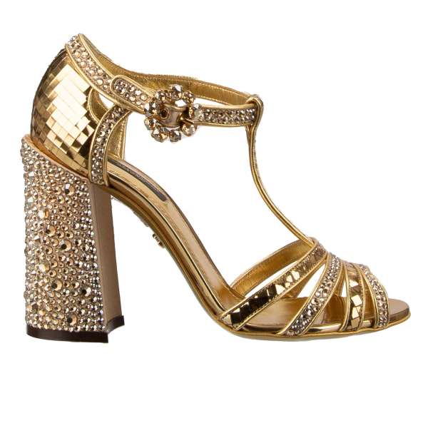 High Heel Sandalen KEIRA aus Leder und Seide mit Kristallen beschmückten Absatz, Disco Leder Applikationen und Schnalle aus Kristallen in Gold von DOLCE & GABBANA 