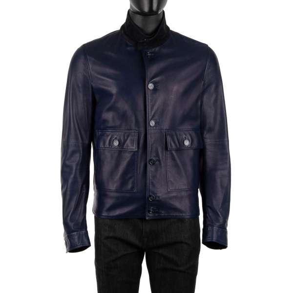 Nappa lamb leather jacket with wing collar, elastic waist, pockets DG Logo button fastening by DOLCE & GABBANA