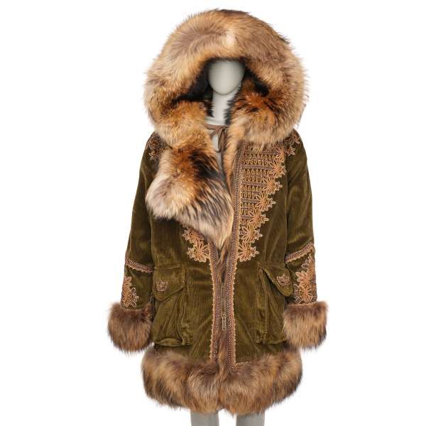 Oversize Fur and Corduroy Goldwork Hand-emboidery Parka Jacket in military green and gold by DSQUARED2