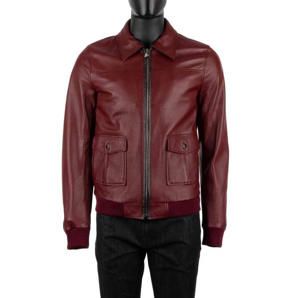 Bomber style deer leather jacket with knitted cuffs and waist and front pockets by DOLCE & GABBANA