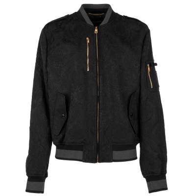 Brocade Bomber Jacket with Zip Closure and Pockets Black