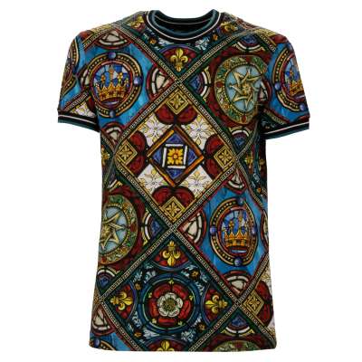 Church Vitrage Crown Print Cotton T-Shirt Black Gold Blue
