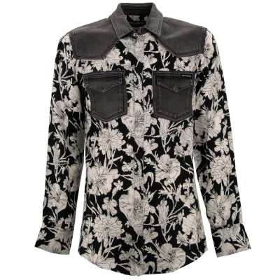 Flower Denim Jeans Silk Press Button Shirt GOLD Black White