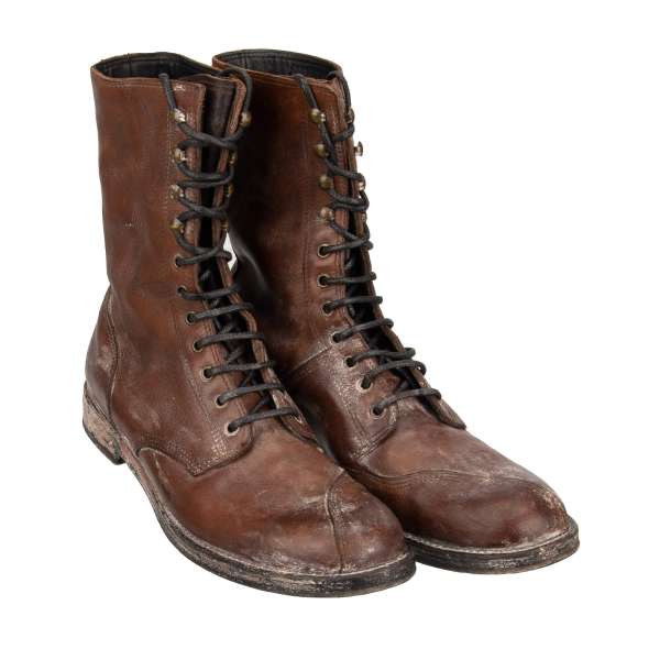 Vintage Look Leather Boots BERNINI with lace closure in brown by DOLCE & GABBANA 