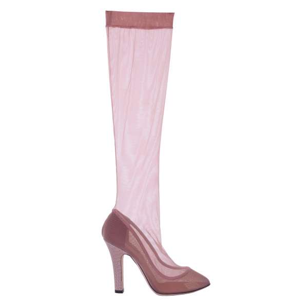 Socken-Stiefel / Pumps aus Spitze mit Absatz aus Krokodilleder in Nude von DOLCE & GABBANA Black Label