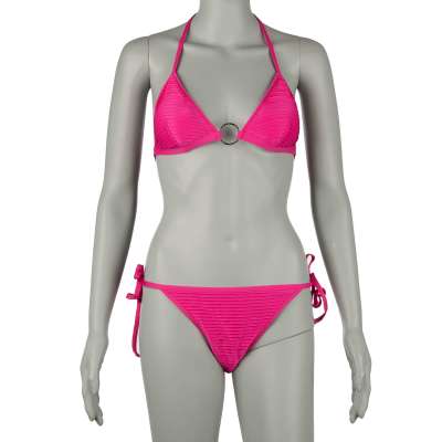 Striped Padded Triangle Bikini with Logo Ring Pink M