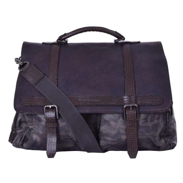 Large military camouflage messenger bag with logo pendant made of canvas and grained calfskin by DOLCE & GABBANA Black Label