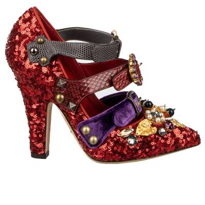 Sequin Pearl Brooch Strap Mary Jane Pumps VALLY Red