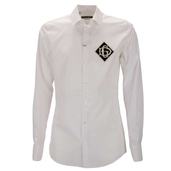 Cotton shirt with DG embroidered Logo patch in white and black by DOLCE & GABBANA  - GOLD Line 
