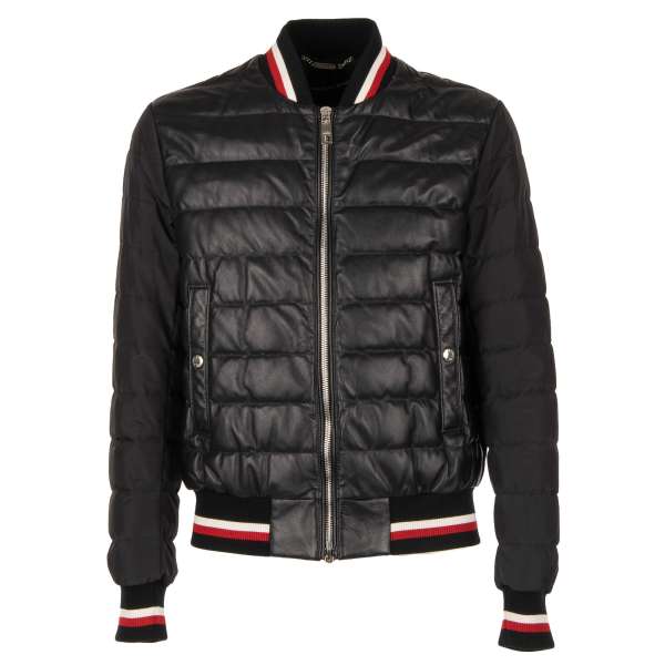 Quilted and padded nappa leather jacket with fabric sleeves, knit details and zipped pockets by DOLCE & GABBANA