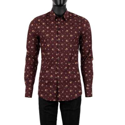 Roses Printed Cotton Shirt SICILIA Bordeaux Red 38 15 XS