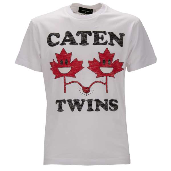 Cotton T-Shirt with CATEN TWINS and Logo print in white, red and black by DSQUARED2