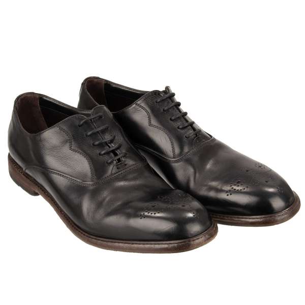 Vintage Stil Derby Schuhe MICHELANGELO aus Kalbsleder mit dekorativen Elementen und Schnalle in Schwarz-Braun von DOLCE & GABBANA