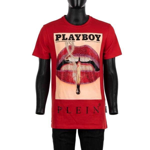 T-Shirt mit Magazin Cover Print von Lauren Young Lippen aus Kristallen vorne und mit Kristallen verziertem' Playboy Plein' Schriftzug auf der Rückseite von PHILIPP PLEIN x PLAYBOY