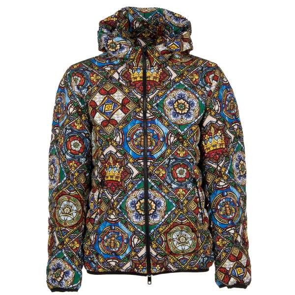 Napoleon collection printed bomber down jacket with crowns and bees print and hoody by DOLCE & GABBANA