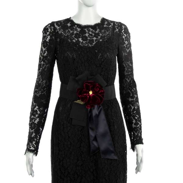 Belt for dress with flower velvet brooch and silk ribbon in black by DOLCE & GABBANA Black Label