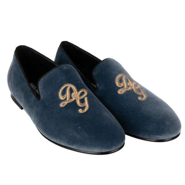 Velvet loafer shoes AMALFI with embroidered golden DG logo in light blue by DOLCE & GABBANA