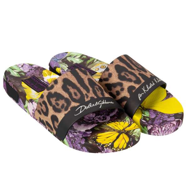 Damen Slides Sandalen mit Schmetterling, Leopard, Blumen und Logo Print und Logo Einsätzen an der Sohle von DOLCE & GABBANA - DOLCE & GABBANA x DJ KHALED Limited Edition