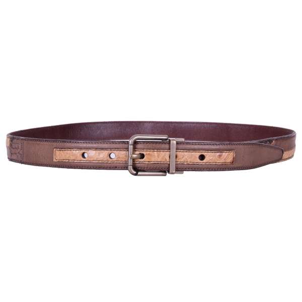 Snake, Caiman and Calf skin patchwork belt with metal buckle in brown by DOLCE & GABBANA Black Label
