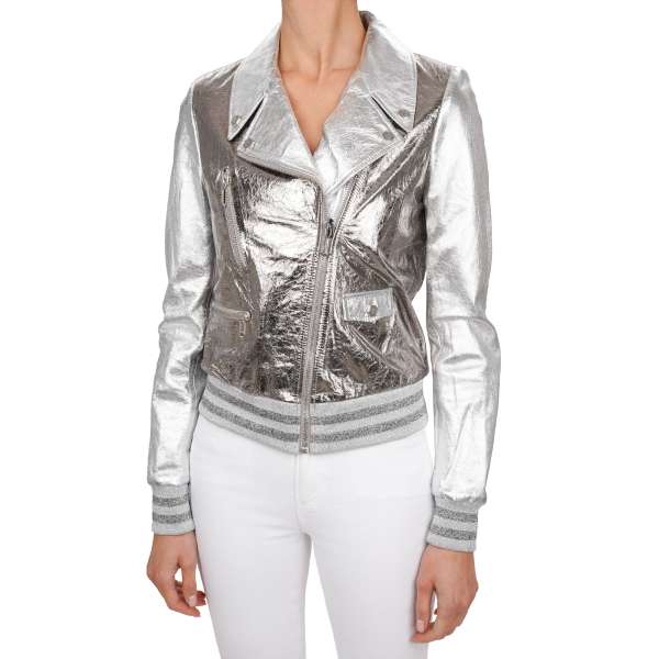  Leather Jacket PLEIN TEAM with PP Logo on the back in meatllic silver by PHILIPP PLEIN COUTURE