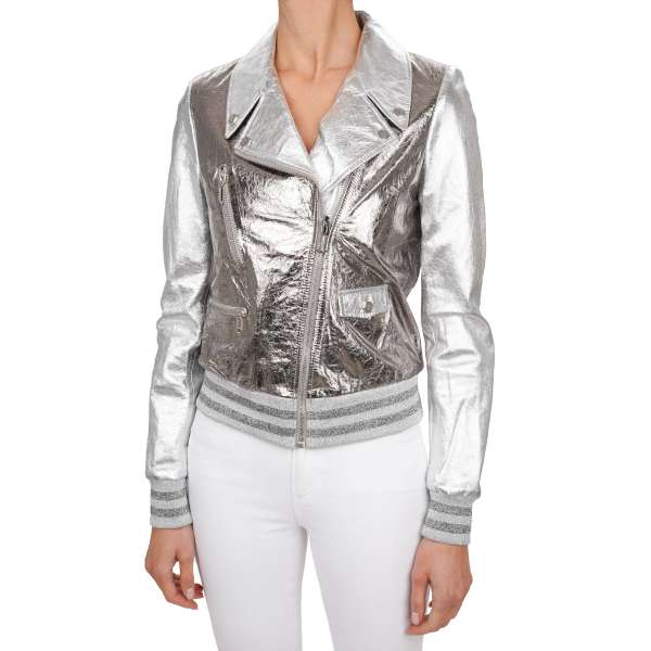 PLEIN TEAM Lederjacke mit PP Logo an Rücken in Metall Silber von PHILIPP PLEIN COUTURE