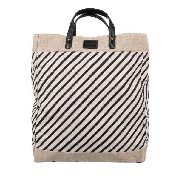 Striped Linen Canvas and Leather shopper bag / tote with leather logo plate by DOLCE & GABBANA