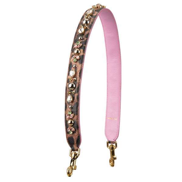 Leopard Print Dauphine leather bag Strap / Handle with pearls and crystal applications in brown, pink and gold by DOLCE & GABBANA