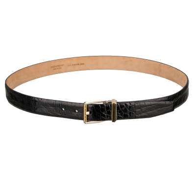 Silver Gold Metal Buckle Croco Leather Belt Black 95 38