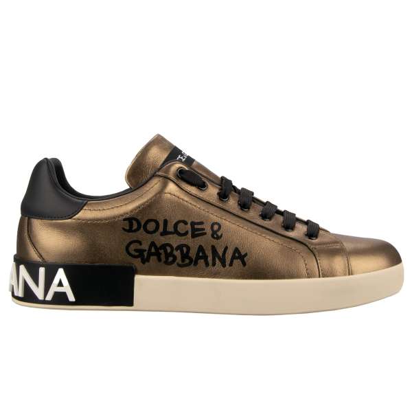 Lace Low Top Sneaker Shoes PORTOFINO with DG logo in antique gold by DOLCE & GABBANA