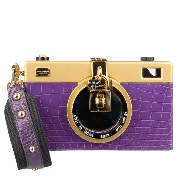 Crossbody clutch bag DOLCE CAMERA BOX Medium made of crocodile leather and plastic with mirror and logo plate by DOLCE & GABBANA