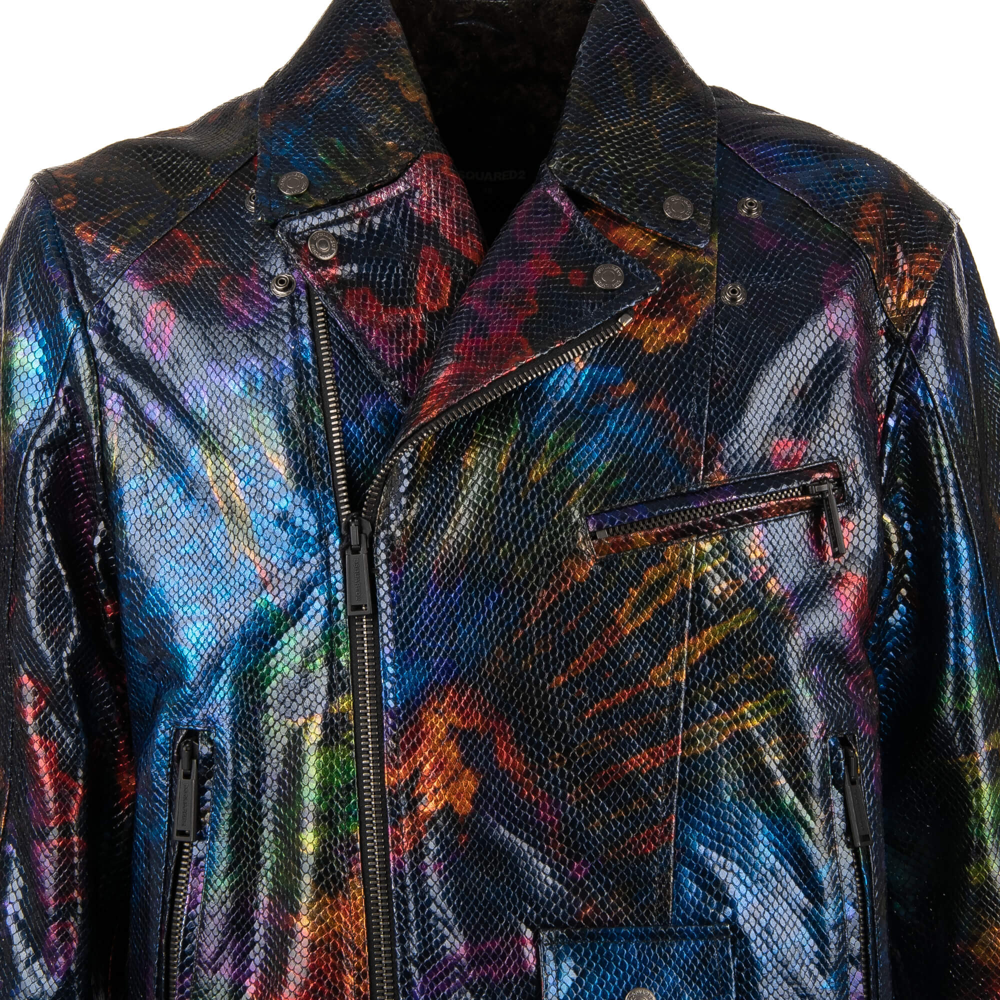 Slim-Fit Paint-Splattered Printed Leather Biker Jacket