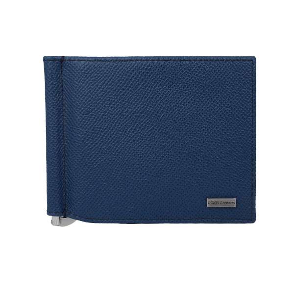 Dauphine leather cards wallet with clip holder for money and DG metal logo plate in blue by DOLCE & GABBANA